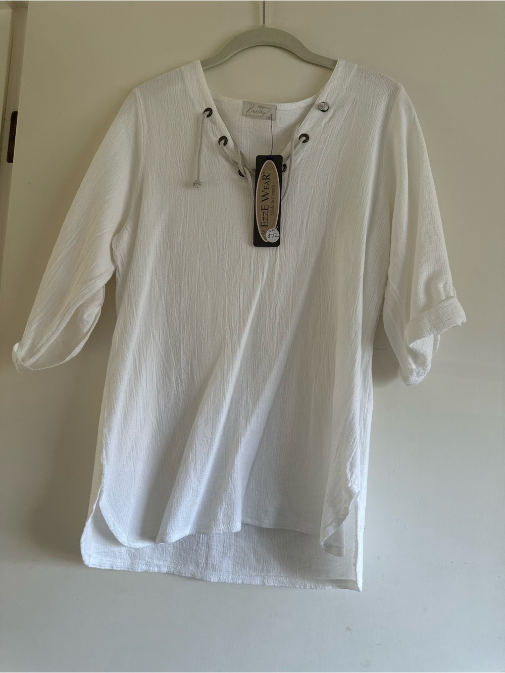 Ezze Wear 100% Cotton White Tunic Loose fit ¾ sleeve Sz Small